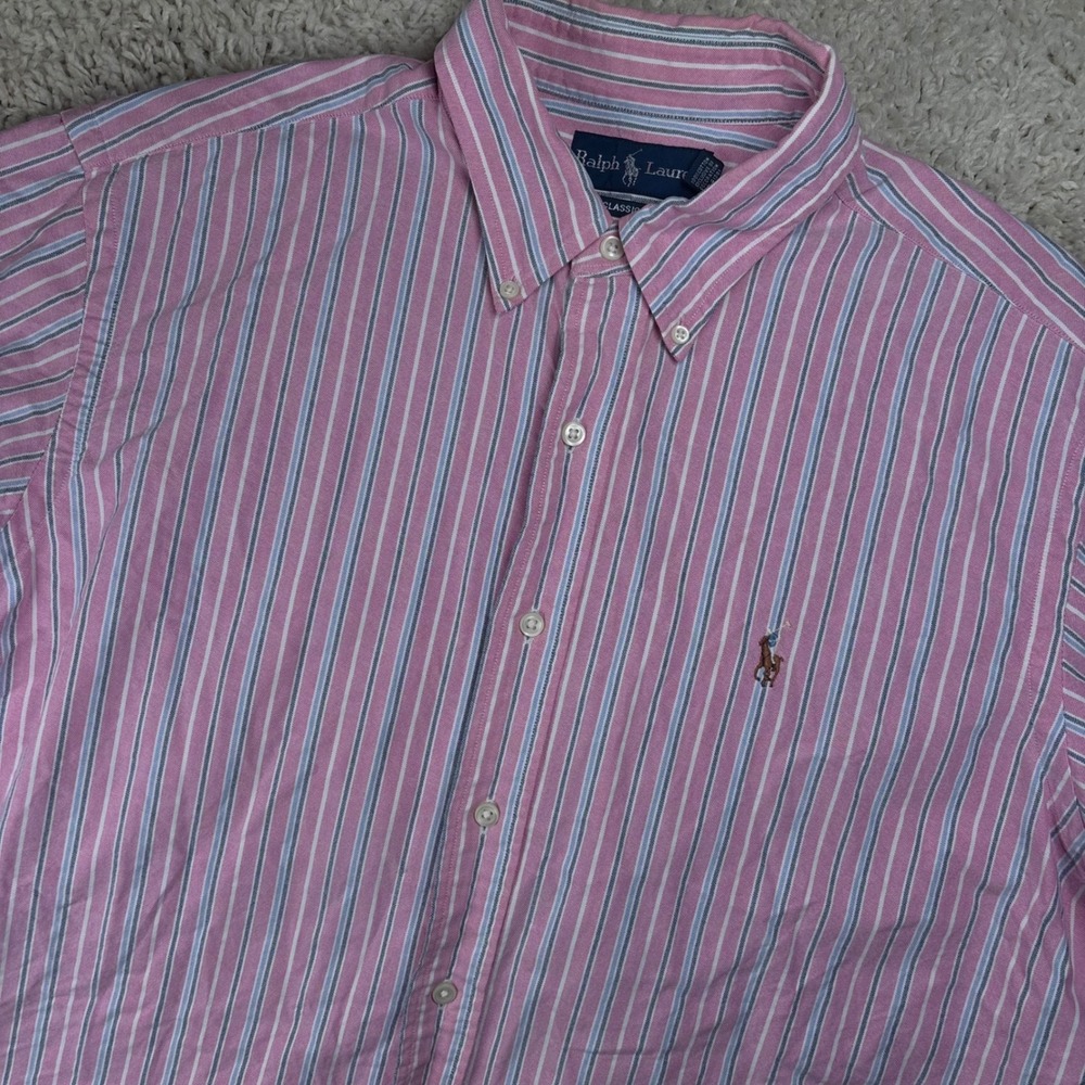 Ralph Lauren Men Button Up Shirt Large Pink Striped Classic Fit SS‎ Preppy